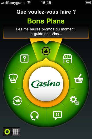 Menu de l'application iPhone de Casino