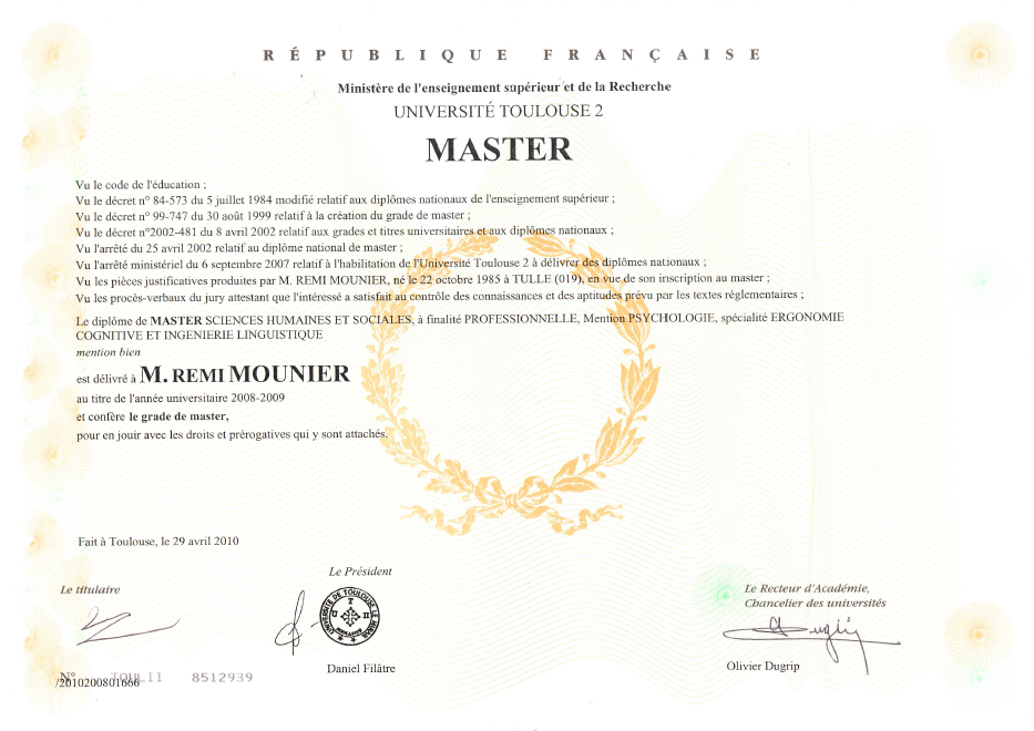 Diplôme Master en ergonomie de Rémi Mounier